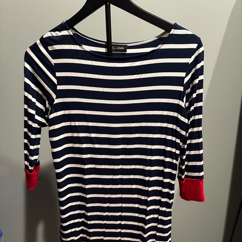 Navy and White Fitted Blouse with Red Sleeve Accents